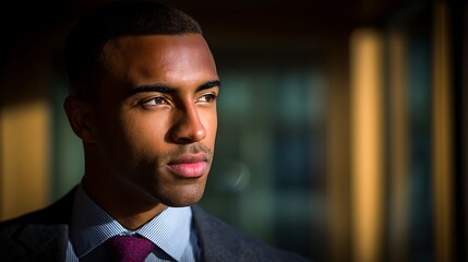 A man in formal attire gazes thoughtfully to the side against a softly lit background.
