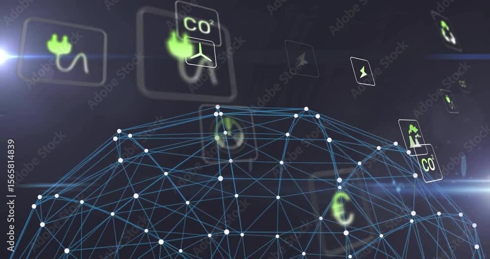 Poster lightning bolt appearing starting mesh spinning, icons circling sphere visualizing energy flow loop