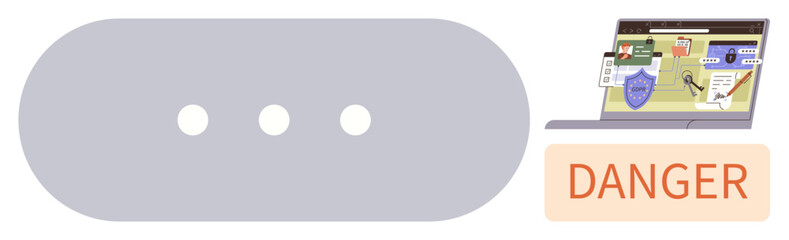 Laptop screen displaying cybersecurity threats, shield, phishing alerts, and suspicious activity detection. Ideal for cybersecurity, warning, vigilance, protection, awareness risk management simple