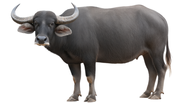 Isolated buffalo on transparent background with detailed fur and curved horns