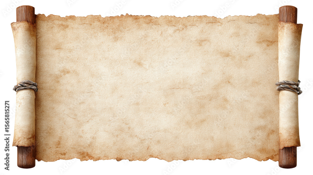 Poster ancient scroll isolated on transparent background with old parchment texture and wooden handles