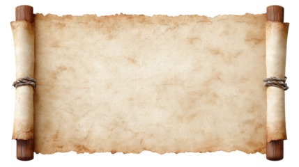 Ancient scroll isolated on transparent background with old parchment texture and wooden handles