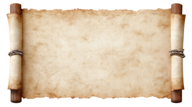 Ancient scroll isolated on transparent background with old parchment texture and wooden handles