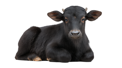 Black calf isolated on transparent background lying down with calm expression