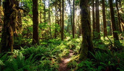 Lush forest scenery with ferns and trees