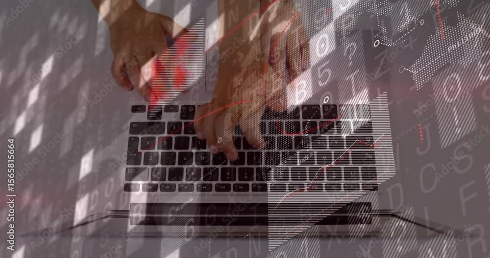 Aufkleber starting computer scene hands typing keyboard while data overlays morphing and displaying analytics