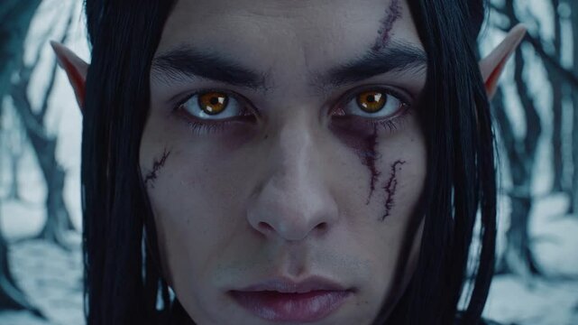 Elfe sombre aux yeux dor&eacute;s dans une for&ecirc;t glac&eacute;e