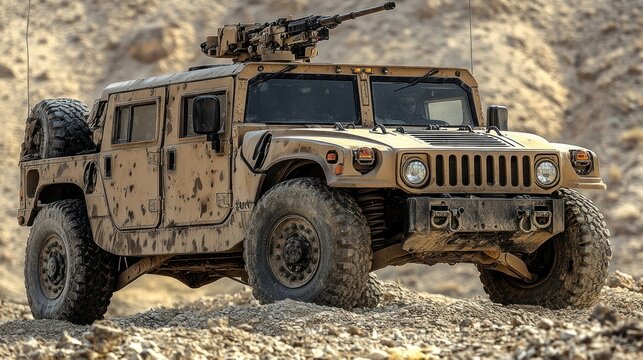 Military vehicle, likely HMMWV, on rocky terrain, armed with mounted machine gun