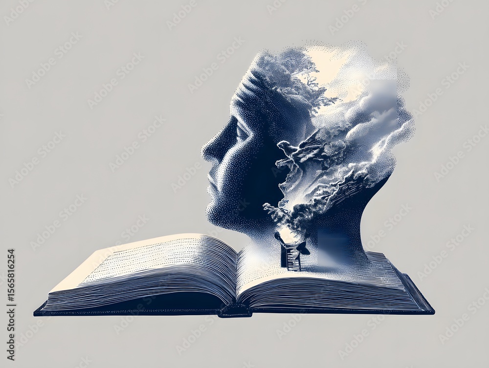 Poster mindful medley: a woman's silhouette merges with an open book, symbolizing the boundless power of im