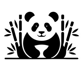 Cute Panda with Bamboo Black and White Vector Illustration of Sitting Bear Surrounded by Leaves