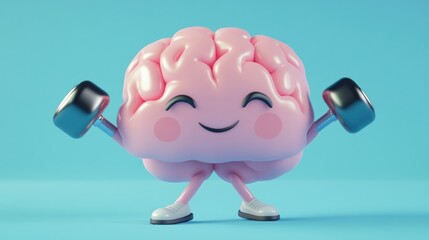 Happy, pink cartoon brain exercising with dumbbells on a blue background, 3D render