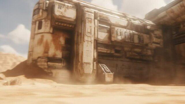 Desert outpost colossal weathered structures amidst swirling sand