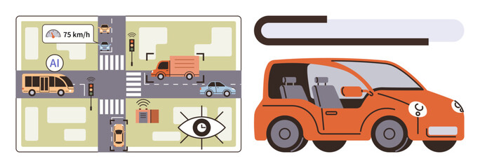 Autonomous car, smart navigation map, AI-driven sensors, traffic control, and data integration. Ideal for urban mobility, AI tech, transport innovation, traffic safety IoT systems future