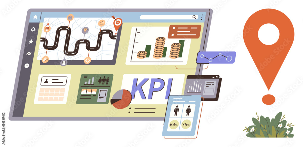 Poster data-driven dashboard with financial charts, location marker, graphs, and kpi insights. ideal for an