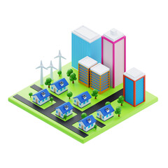 Isometric city with homes and towers. 3d illustration of city with homes and towers