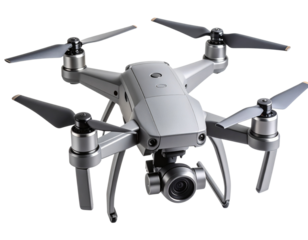  Modern Gray Quadcopter Drone with Camera in Flight Position isolated on transparent background PNG