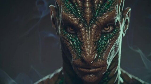 Portrait r&eacute;aliste d&rsquo;un homme l&eacute;zard &agrave; l&rsquo;expression intense