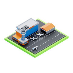 Isometric airport with planes and tower. 3d illustration of airport with planes and tower