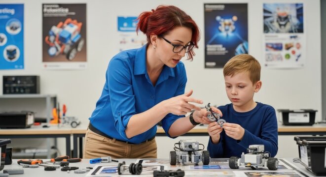 Creative Engineering Lesson: A dedicated teacher guides a young student in a captivating science classroom, engaging hands-on with mechanical projects and innovative robotics. - Powered by Adobe