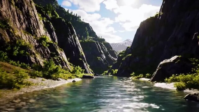 Sungai di canyon pegunungan, tebing vertikal, air menelusuri alur, sinar matahari silau, Realistis, 3D look (cinematic), Statis (kamera diam), Smooth (gerakan tidak tersendat), 4K resolusi, Loopable