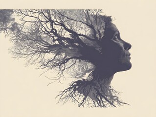 Fototapeta premium Soulful Serenity: A captivating blend of nature and human essence, a woman's profile merges with an intricate tree branch silhouette, forming a unique and profound reflection.