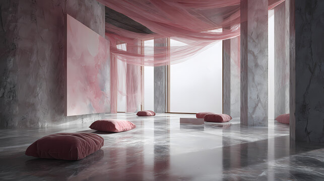 design motif for contemplative spaces | ice-flushed pink | isolated focal point | frozen routine at dawn | draft slipping under fabric | chalk-veiled ground | internal quiet breaking softly