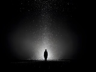 Solitary Stargazer: A lone figure stands silhouetted against a radiant celestial display. experiencing introspection and a sense of vastness, capturing the feeling of wonder.
