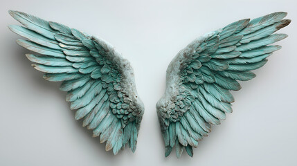 Ethereal Angelic Wings Sculpture: Vintage Turquoise Feathered Art for Home Decor