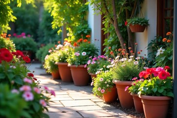 Naklejka premium Tranquil Patio Garden Oasis Vibrant Flowers in Terracotta Pots, Perfect Summer Home Decor Inspiration