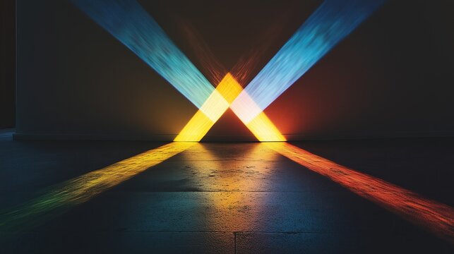 X-Shaped White Light Cross: Rainbow Diffraction Reflection on Black, Macro Low-Angle Hyperrealistic Soft Edge Render