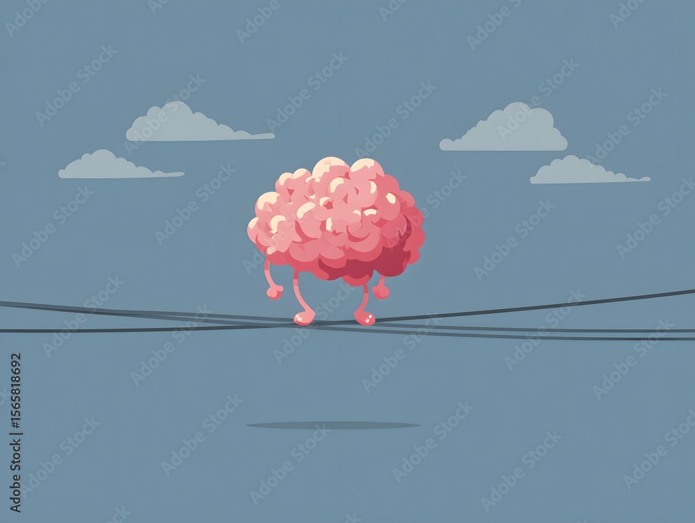 Poster brain on a wire: this whimsical illustration depicts a brain walking along a wire, representing thou