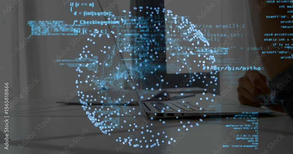 Poster programmer leaning toward laptop as streaming code appears, rotating 3d globe aiding data analysis