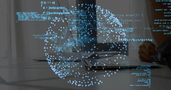 Programmer leaning toward laptop as streaming code appears, rotating 3D globe aiding data analysis