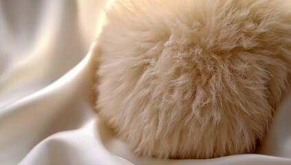 A close-up of soft, round, fluffy beige fur, set against a smooth white fabric background, highlighting the fine fibers and soft contours.