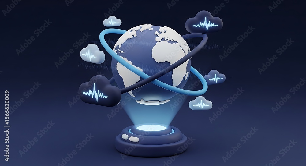 Poster a 3d rendered globe surrounded by cloud-like elements, showcasing data flow.