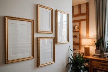 A photo of a composition with multiple empty frames indoors