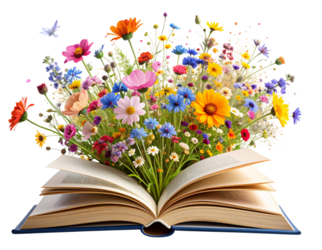  Open Storybook Exploding with Wild Botanical Florals Magical Concept isolated on transparent background PNG