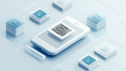 Smartphone displaying QR code surrounded by floating blocks on a geometric surface