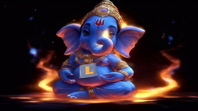 Adorable blue deity with elephant head in meditative pose