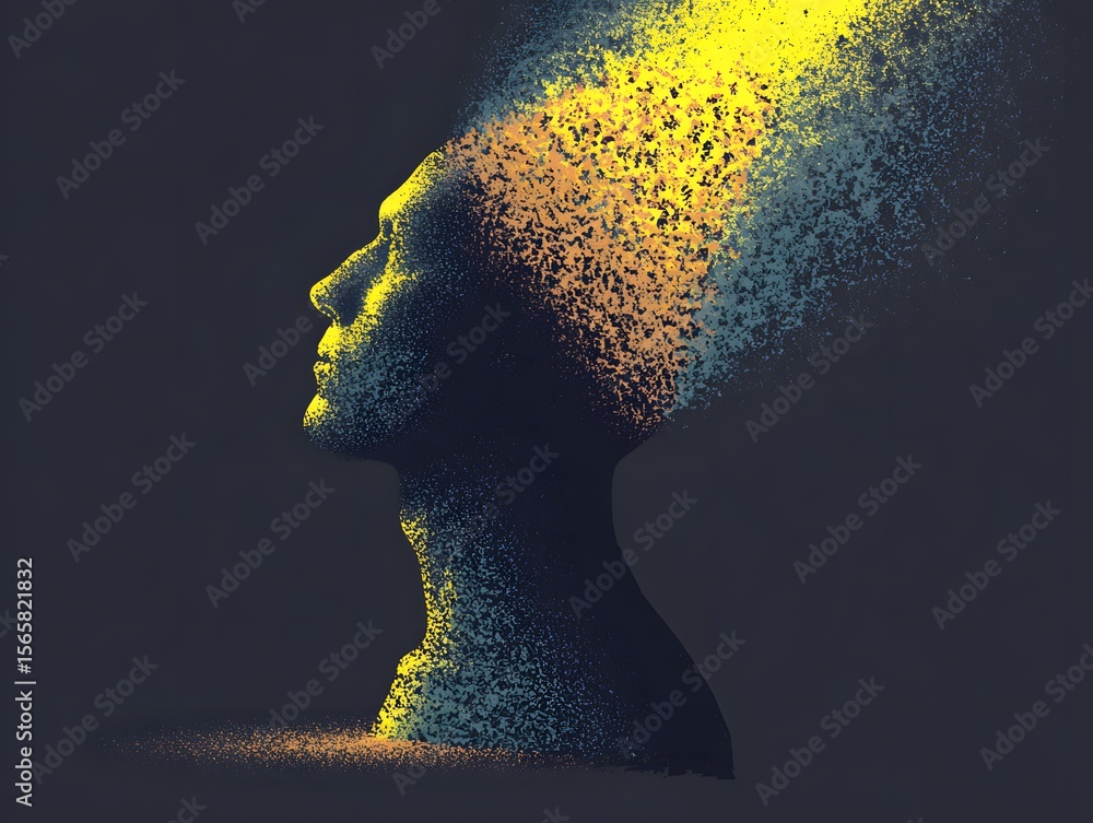 Poster mindscape: an evocative artistic rendering that portrays a silhouette of a head, dissolving into a s