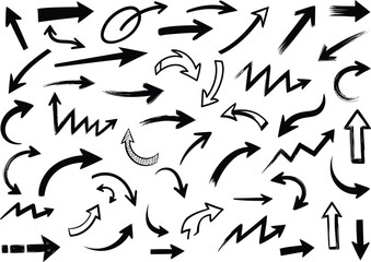 Collection of hand drawn black arrows and directional symbols on white background