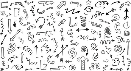 Collection of hand drawn doodle arrows and symbols on white background