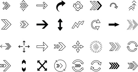 Naklejka premium Collection of diverse arrow icons representing direction movement and rotation