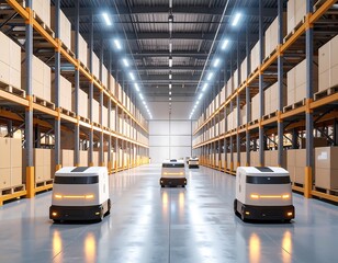 Obraz premium Autonomous Robots Navigating a Modern Warehouse