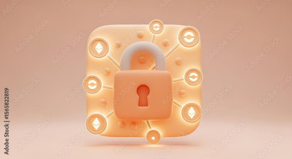 Poster a digital illustration of a secure network connection, symbolized by a padlock at the center of inte