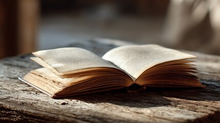 Open Antique Book on Rustic Wooden Table, Evoking Nostalgia and the Joy of Reading