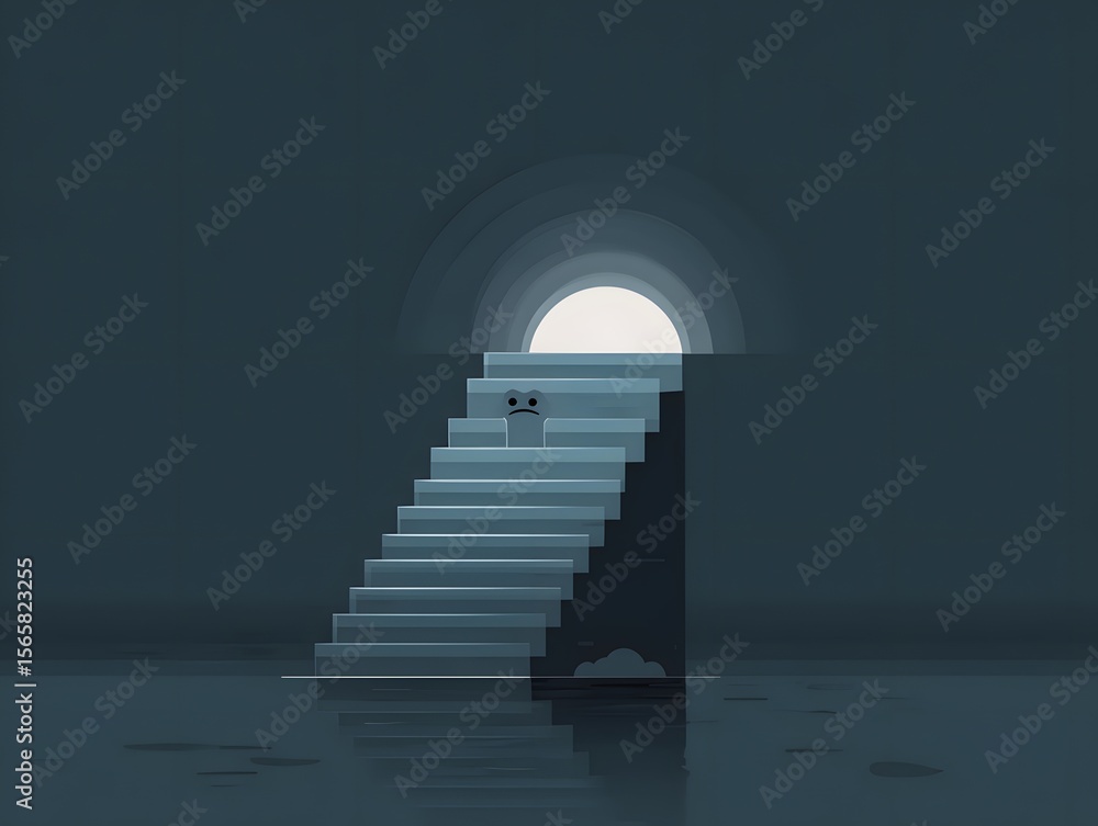 Poster mysterious staircase to light: a surreal 3d rendering depicts a lone figure ascending a staircase le