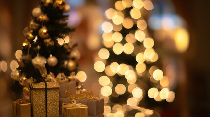 Festive Christmas tree with wrapped gifts under warm lights, evoking holiday joy and cozy traditions