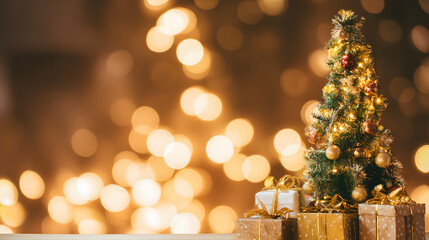 Festive Christmas tree with wrapped gifts under warm lights, evoking holiday joy and cozy traditions