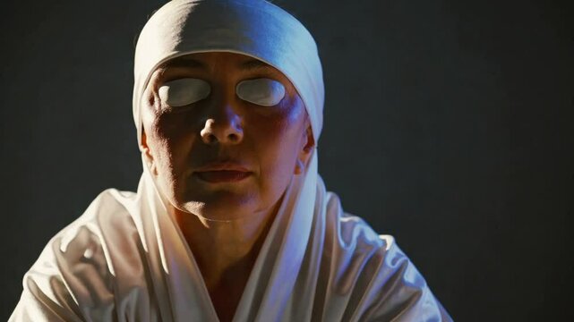 Femme aux yeux recouverts de coquilles blanches, en tenue rituelle